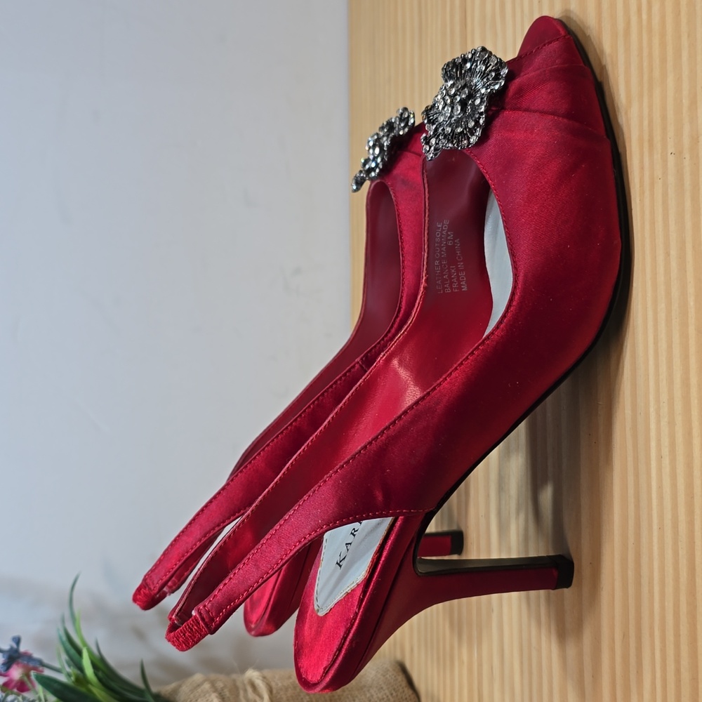 Womens Red Slingback Peep Toe Bling Heels Sz 6m - Picture 8 of 9